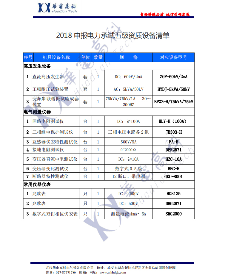 2018申報電力承試五級資質設備清單